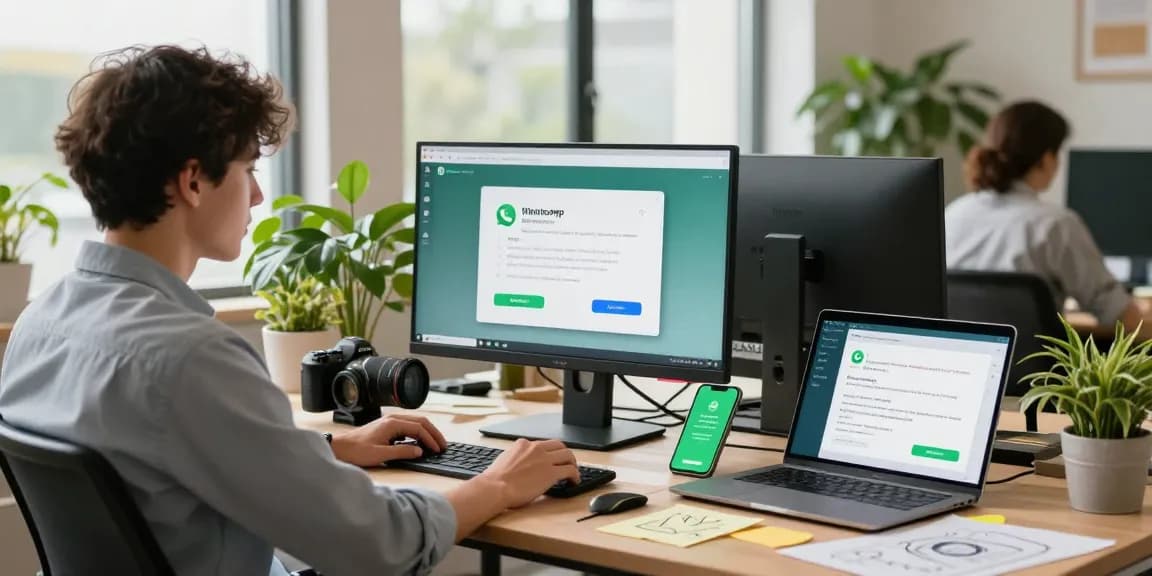 Professional workspace showcasing WhatsApp下載 setup, dual monitors with interface and notifications.