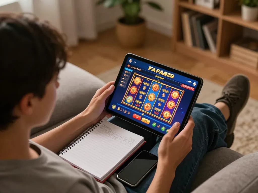 Player enjoying FAFA828 online slots on tablet with bankroll notes in cozy home