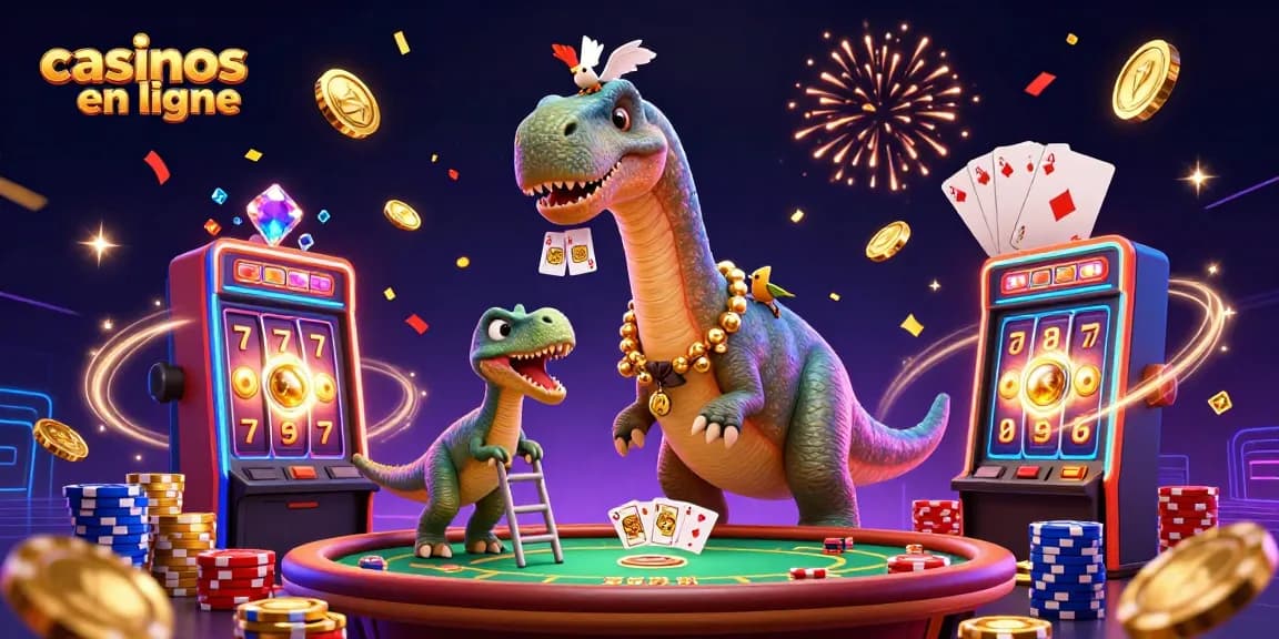 Illustration captivante de casinos en ligne avec un brontosaure, des jetons de poker et des machines à sous.