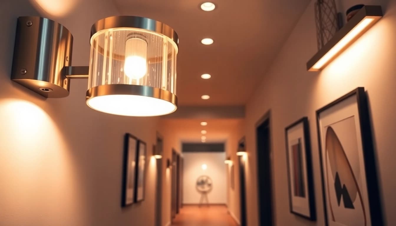 Bright hallway lighting fixtures enhancing a modern corridor's aesthetic appeal.