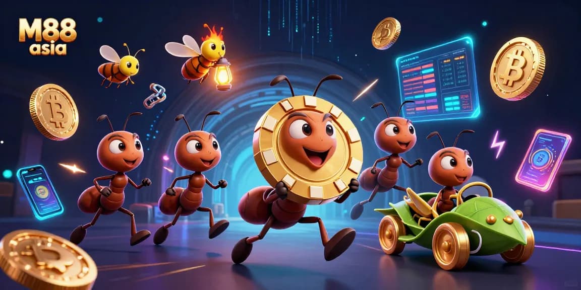 Experience the adventure of M88 asia with ants stealing a giant poker chip in a vibrant casino heist.