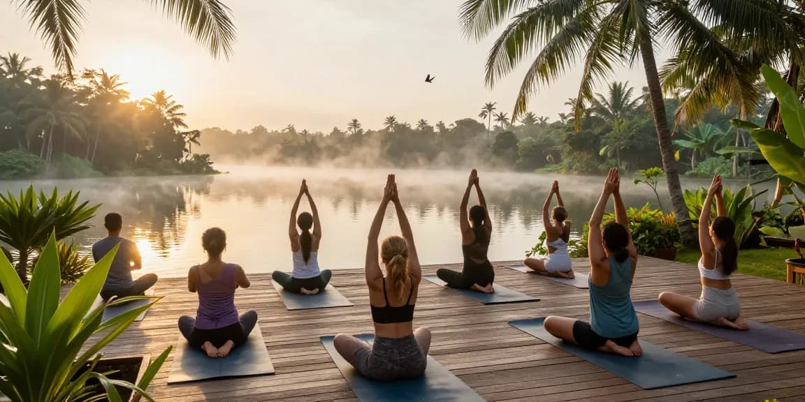 Yoga practice at a serene retreat on the Sri Lankan south coast by Koggala Lake.