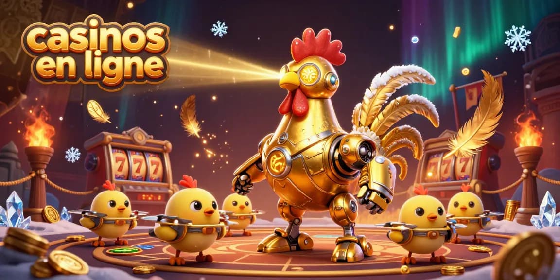 Comprenez les casinos en ligne avec une illustration dynamique mêlant robots roux et coins dorés à travers une scène de jeu immersive.
