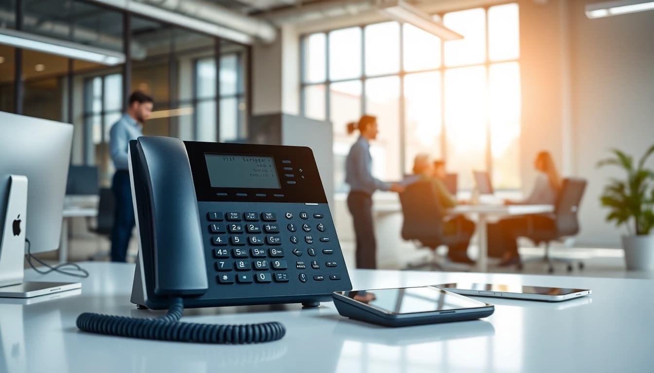 Explore the features of a VoIP phone system UK in a vibrant professional office setting.