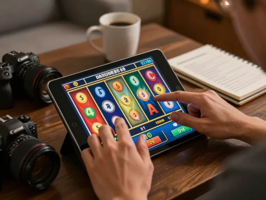 Player spinning slot reels on a tablet in a cozy home setting with notes and coffee