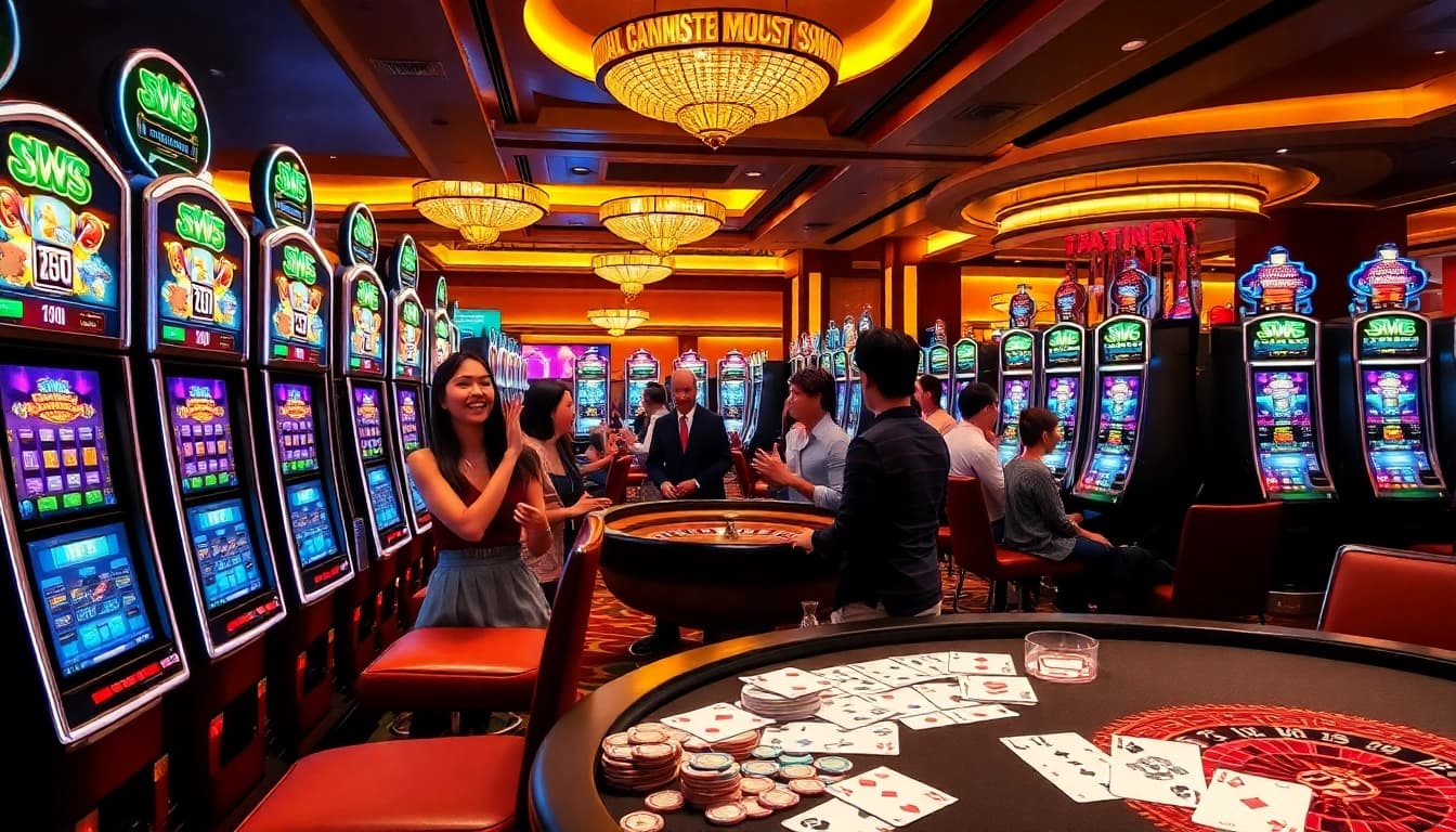 Exciting jamuslot action at a vibrant casino, showcasing players engaging at slot machines.