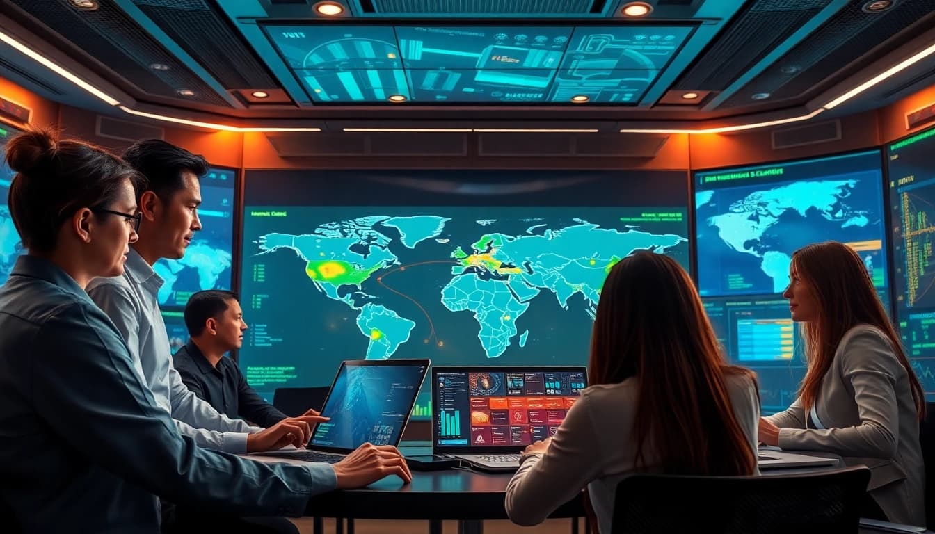 Team strategizing on national security risk analyzing data and threats in a modern setting.