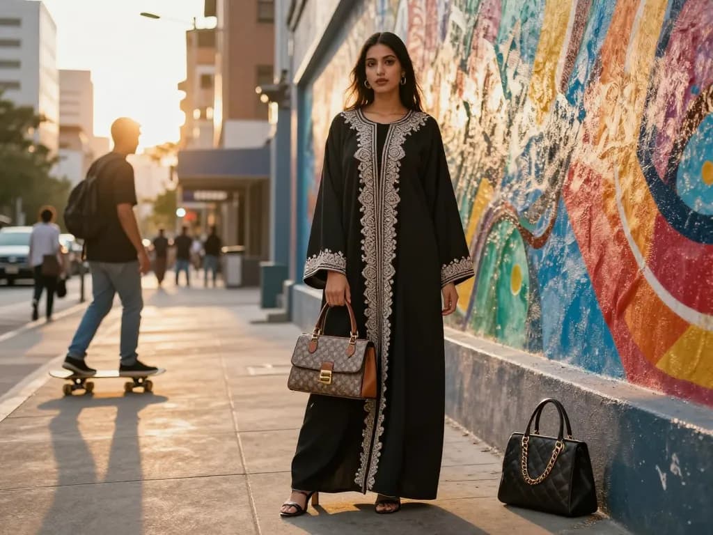 Stylish woman in an elegant abaya against a vibrant urban backdrop during golden hour.