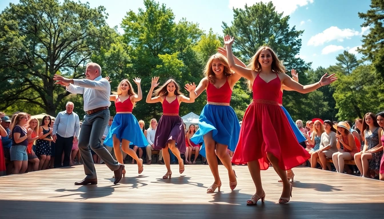 Engaging Carolina Dance performance with dancers showcasing energetic movements in vibrant costumes.