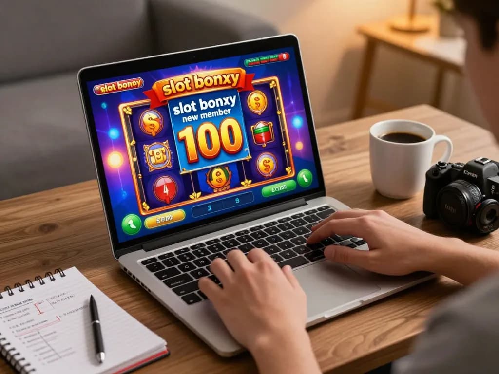 Engaging gameplay experience showcasing slot bonus new member 100 on a laptop in a cozy home setting.