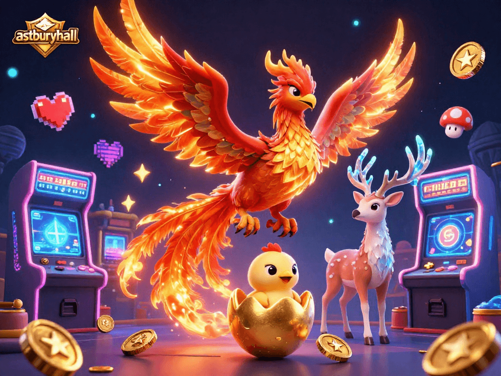 Engage with the thrilling atmosphere of astburyhall as a fiery phoenix hatches amidst vibrant casino elements.
