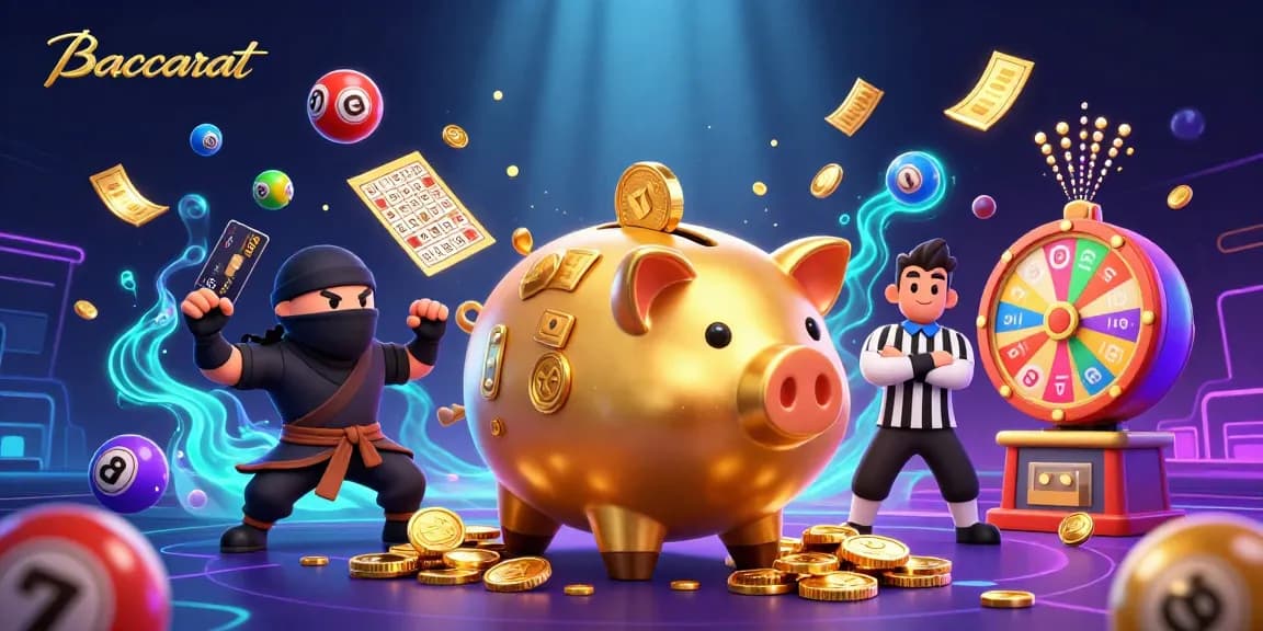 Baccarat game scene showcasing a giant golden piggy bank sumo wrestler amidst exciting gaming elements.