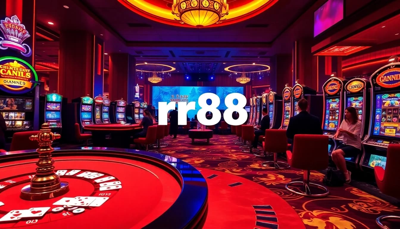 Engaging scene of gamblers at a luxurious casino featuring rr88 link with vibrant slot machines and roulette wheel.
