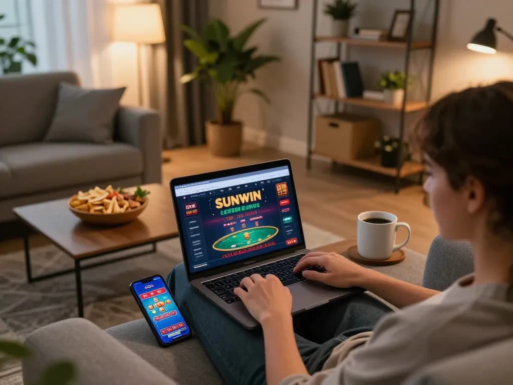 Person enjoying online gaming on SUNWIN with cozy home setup and laptop interface.