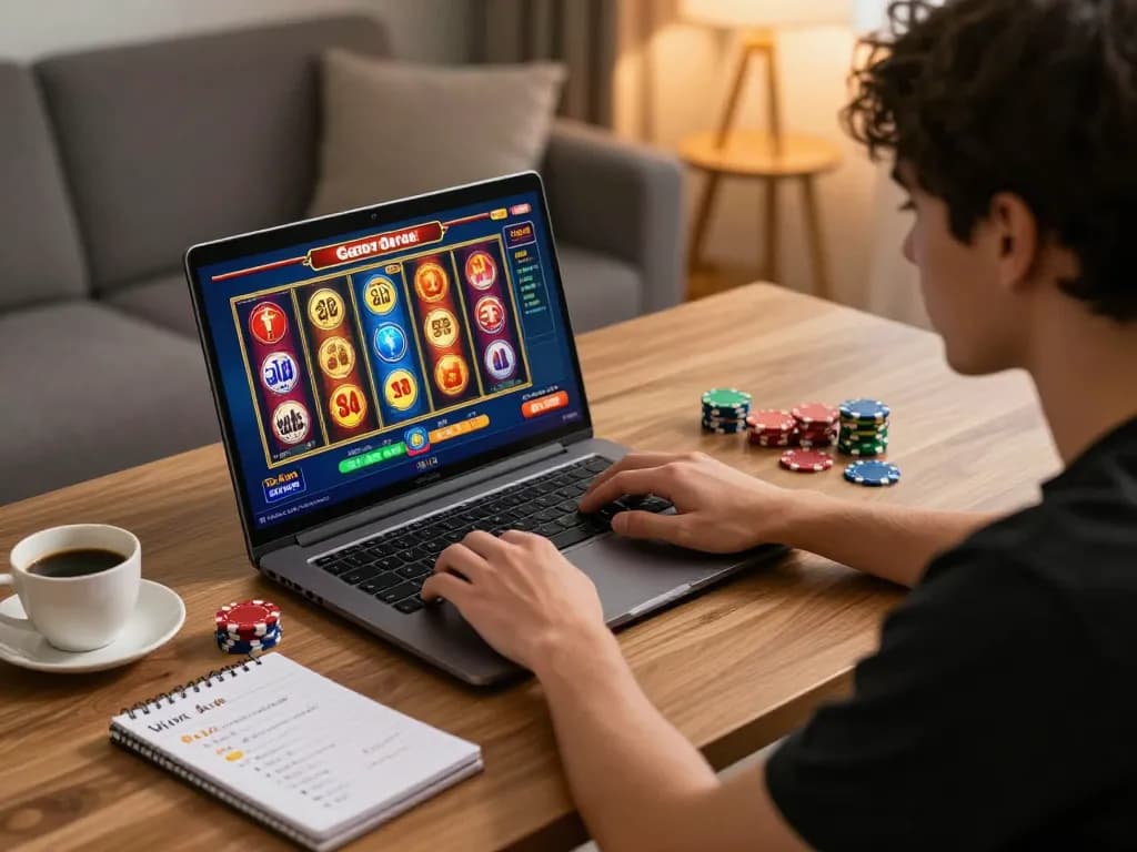 Player engaging with slot gacor situs luar negeri on laptop, showcasing vibrant online gaming experience and strategy notes.