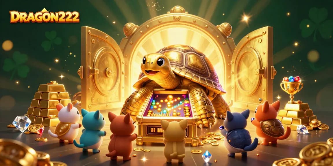 Experience the excitement of DRAGON222 with a colorful illustration of a gold tortoise pinball casino scene.