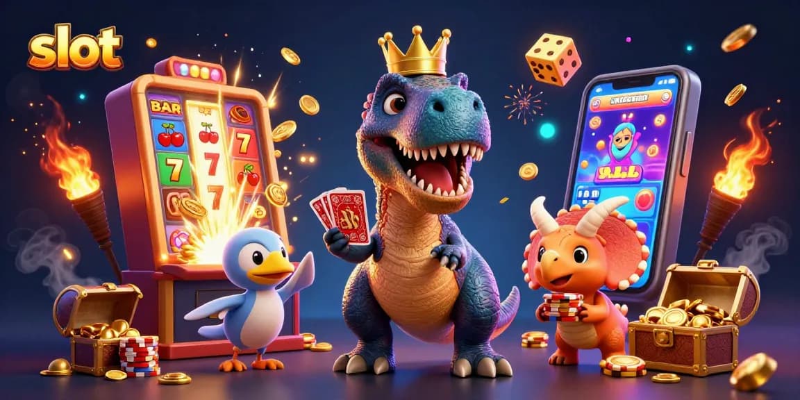 Spin the slot reels in a vibrant casino scene featuring cartoon dinosaurs and jackpot excitement.
