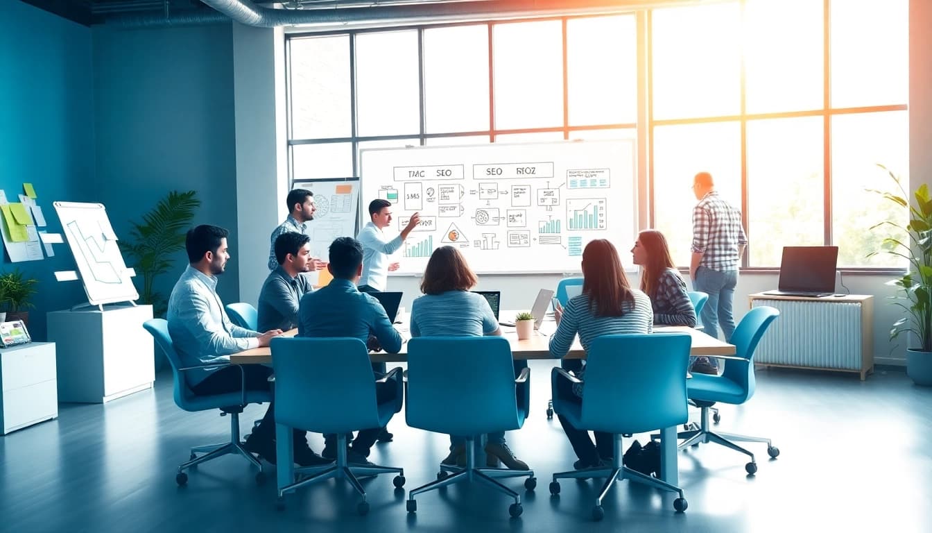 SEO Agentur mit professionellen Strategen in einem kreativen Büro, die zusammenarbeiten.