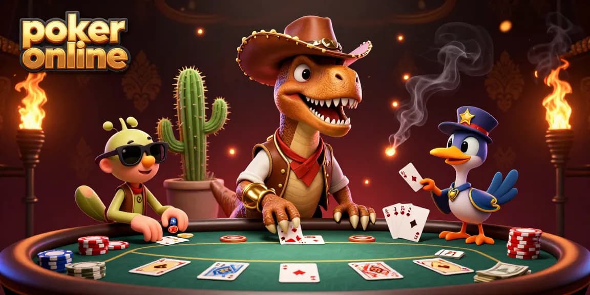 Jouez au poker en ligne avec des personnages colorés, des jetons et des cartes brillantes.