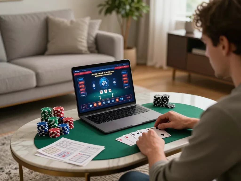 Experience exciting online gaming with a trusted nhà cái uy tín, showcasing poker action in a stylish home
