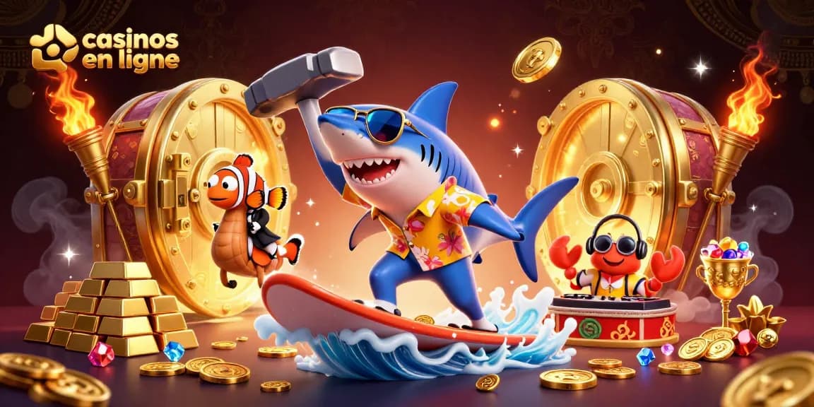Illustration colorée de casinos en ligne avec un requin marteau, un poisson clown en smoking et un crabe DJ.