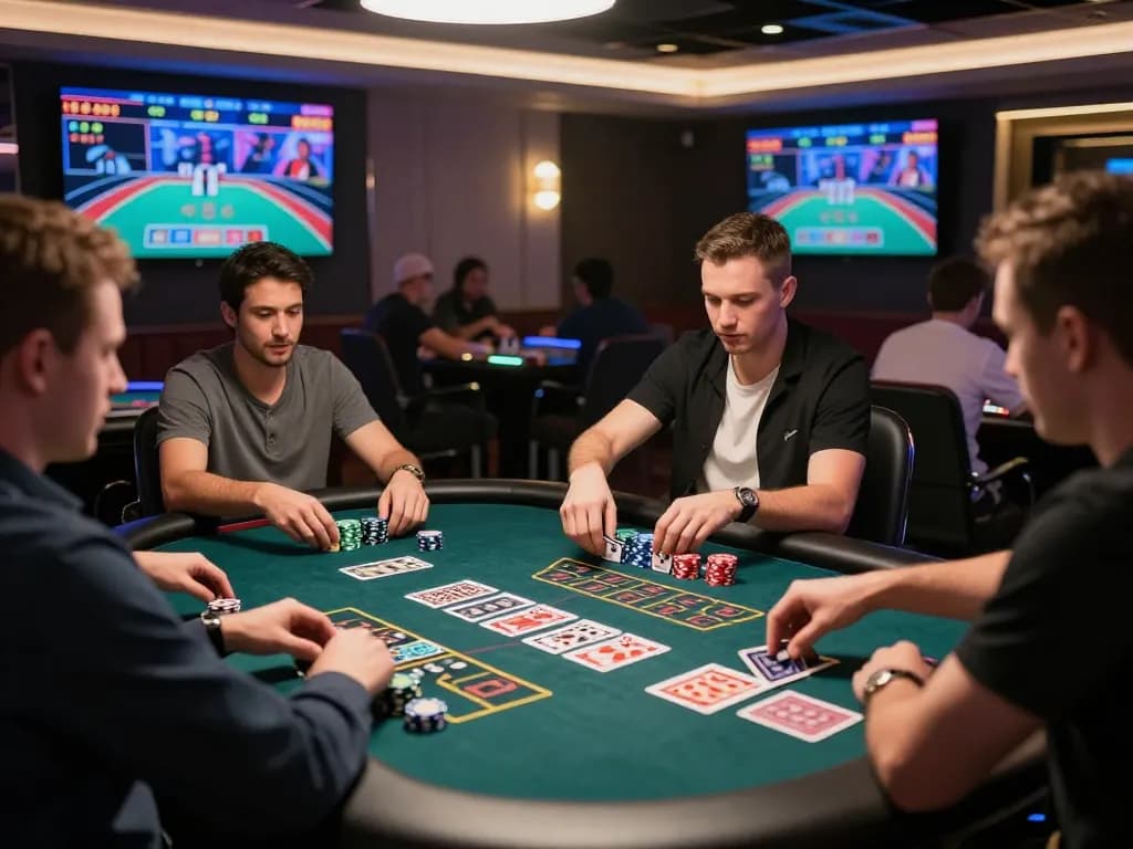 Exciting baccarat game at a vibrant 바카라사이트 with players engaged around a sleek table.