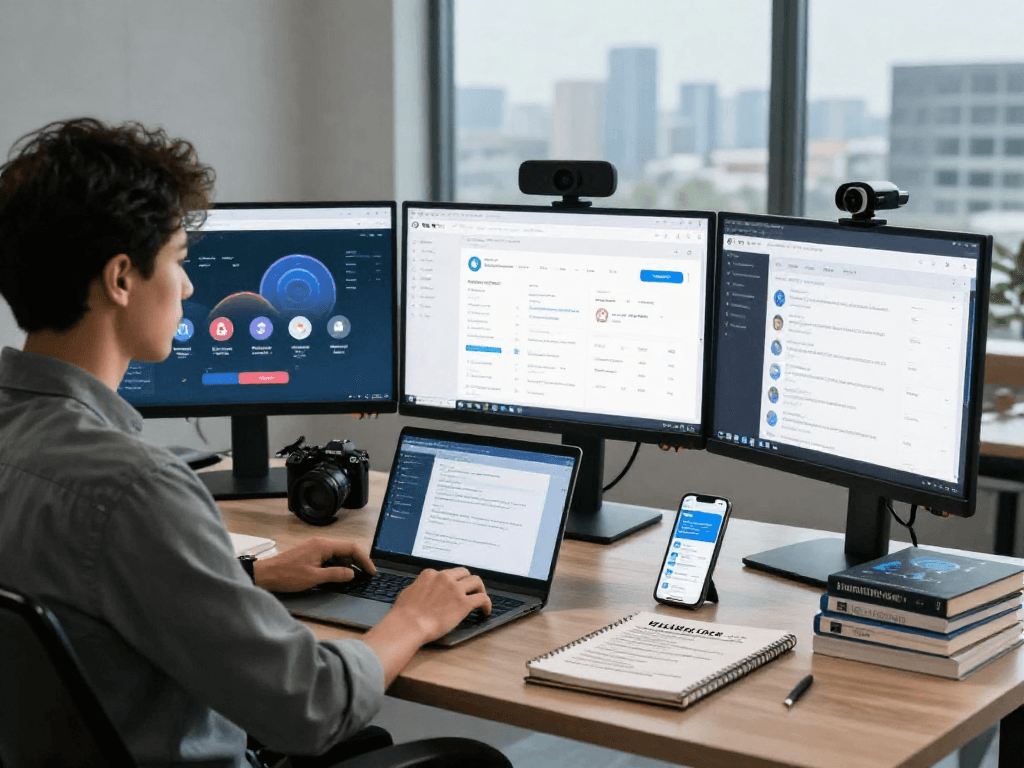 Managing multiple accounts with an antidetect browser in a modern workspace focused on digital security.