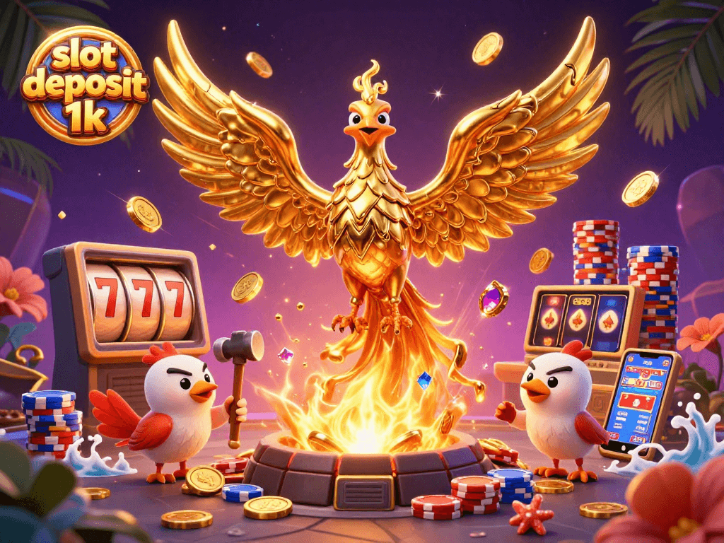 Menangkan slot deposit 1k dengan ilustrasi 3D kartun yang menggambarkan phoenix emas dan elemen kasino menarik.
