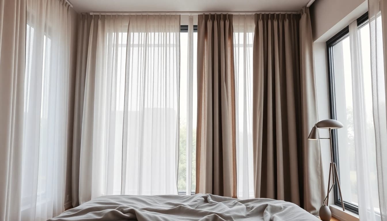 Verduisterende gordijnen in een moderne slaapkamer met natuurlijke verlichting en elegante stijl.