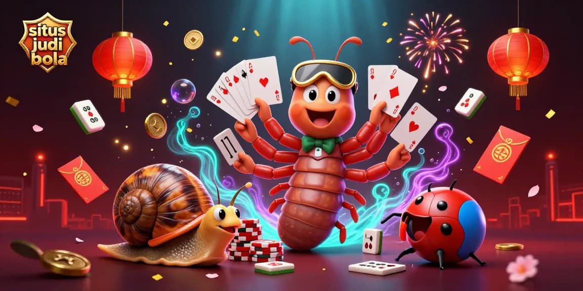 Engage with situs judi bola featuring a vibrant 3D illustration of unique gambling characters amid festive casino elements.