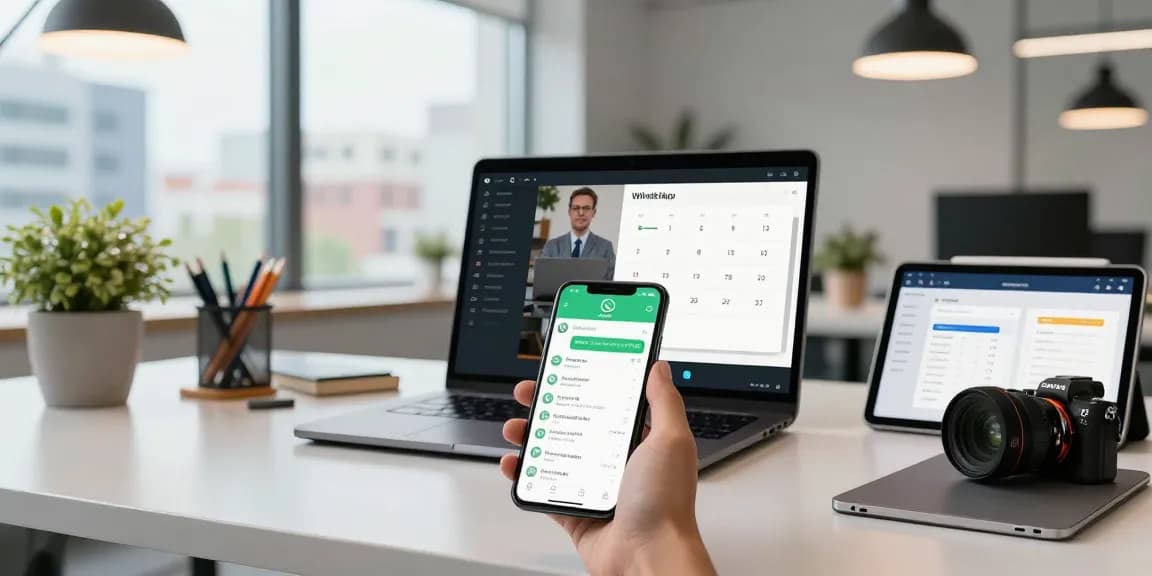 WhatsApp下載 on smartphone showcasing chat interface in a modern workspace setting with laptop and tablet.
