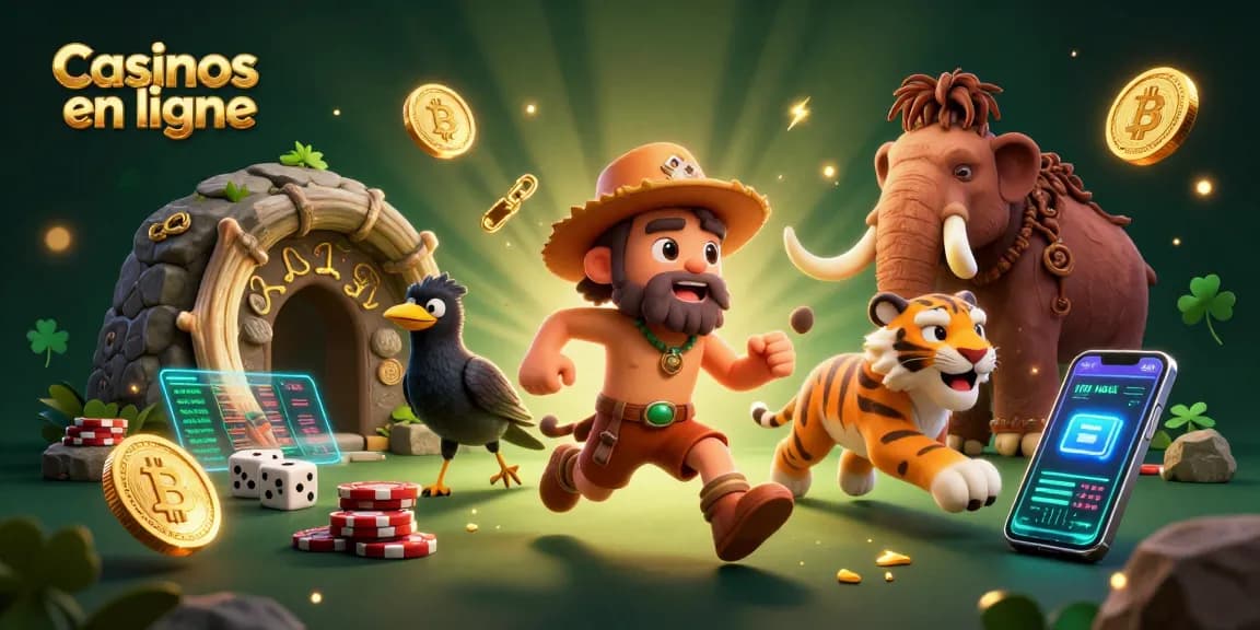 Illustration dynamique des casinos en ligne avec un homme préhistorique et un tigre à dents de sabre jouant aux dés.