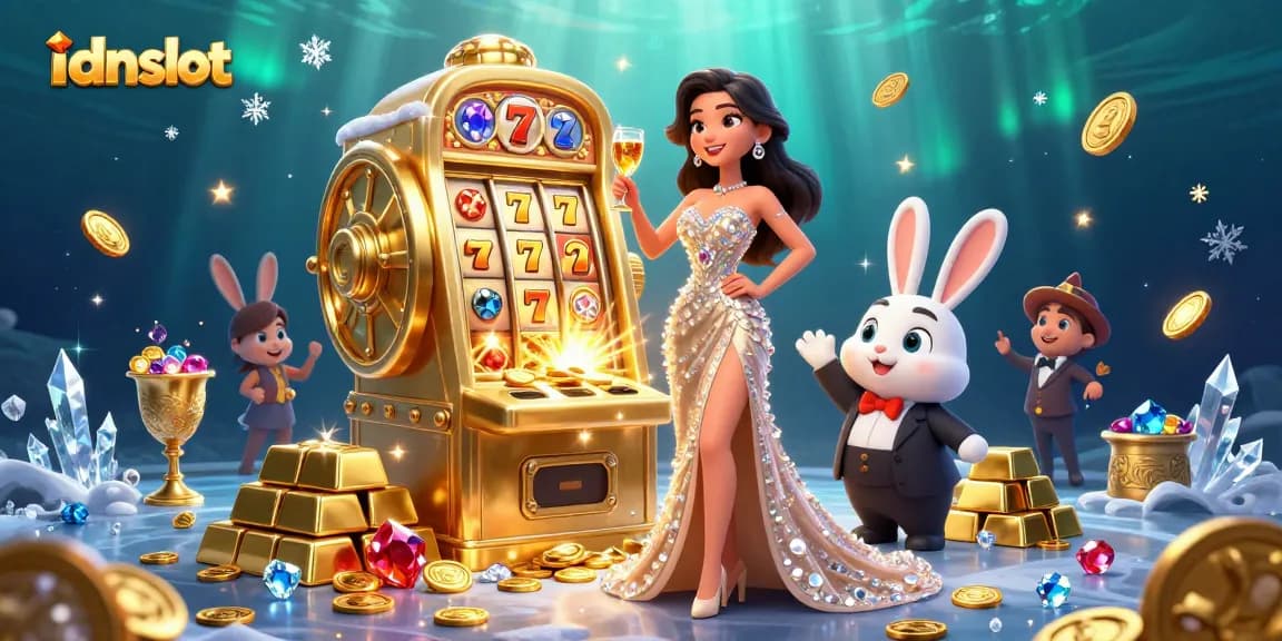 Celebrate wins at idnslot with vibrant 3D illustration of glamorous casino scene.