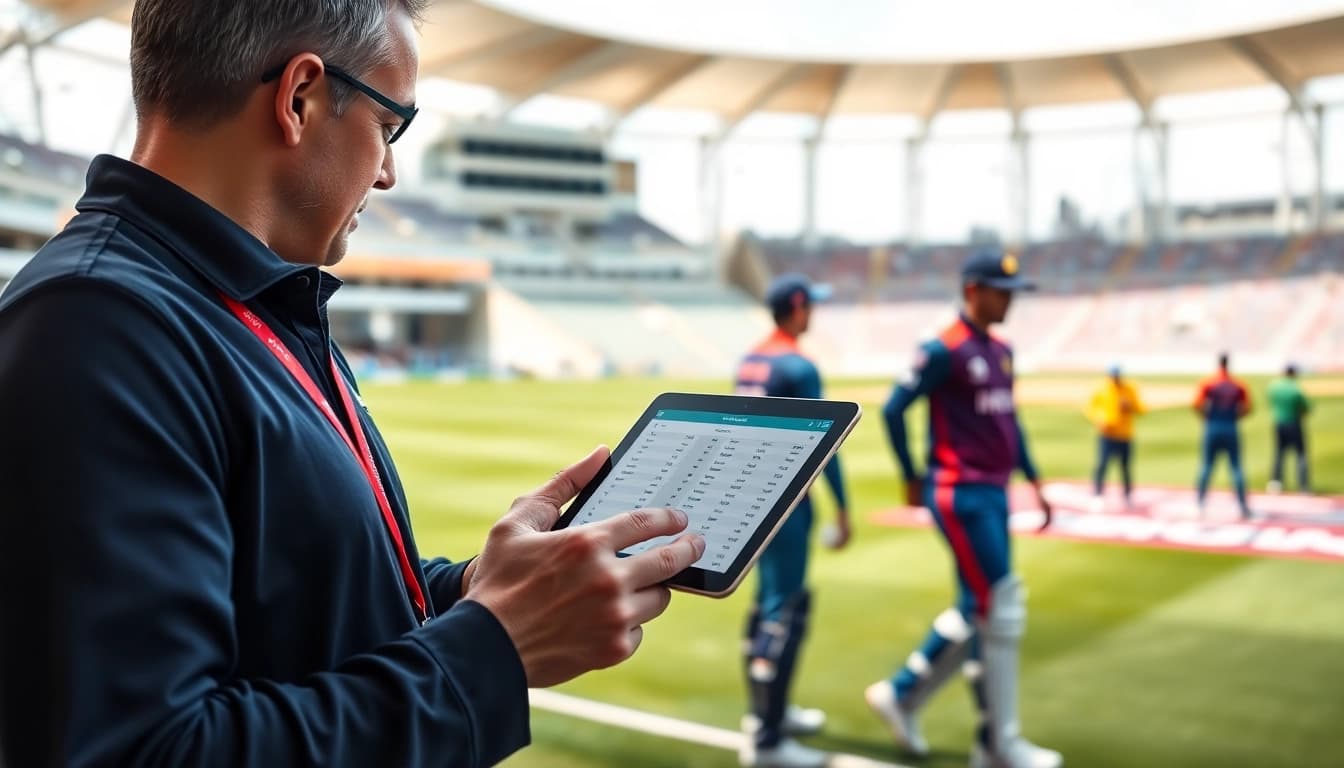 Todays IPL match prediction analysis featuring an analyst reviewing team stats in a stadium.