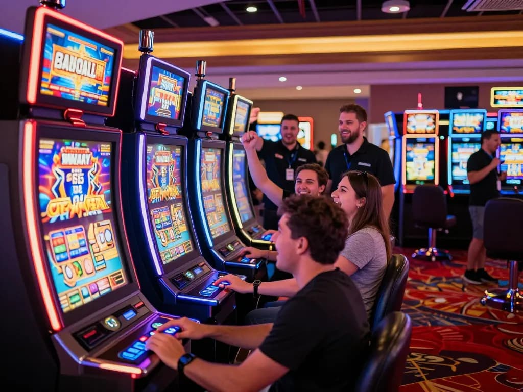 Engaged players spinning slot machines and celebrating wins in a lively casino