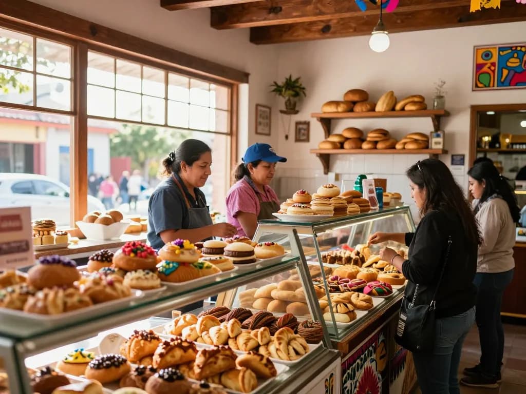 Engaging scene at a mexican bakery website showcasing colorful pastries and happy customers.