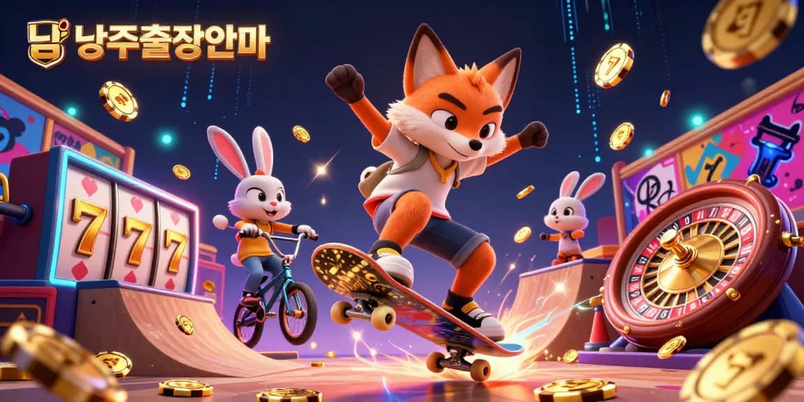 Namyangju출장안마 brings excitement with a 3D cartoon fox and rabbit in a vibrant casino scene.