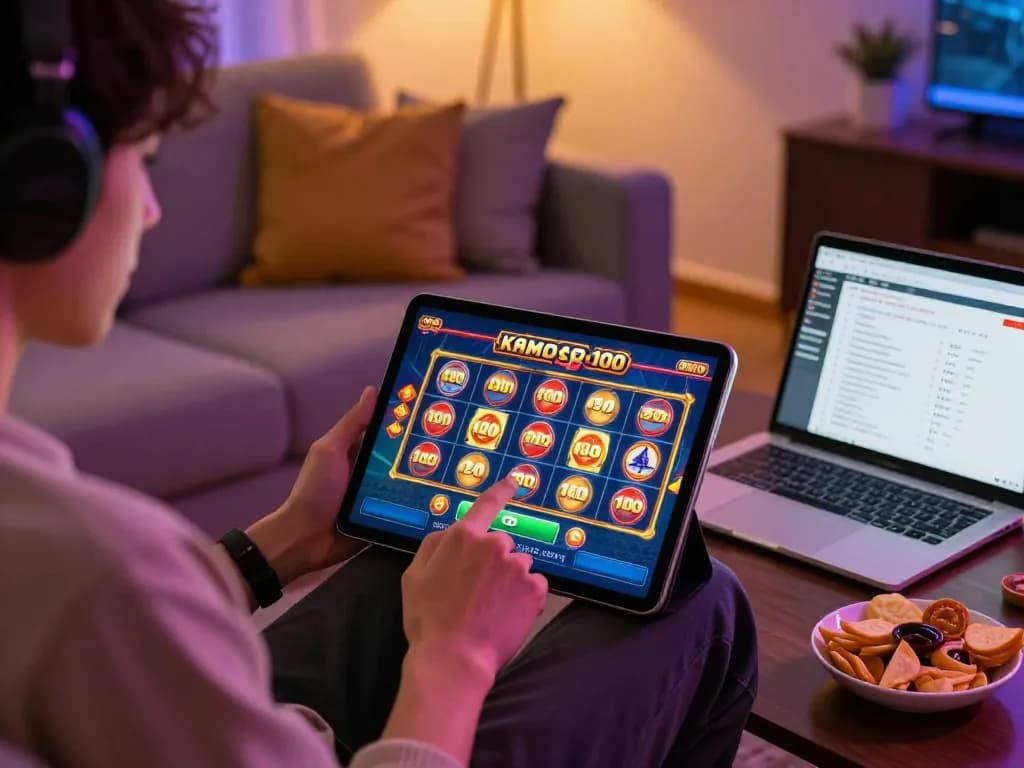 Engaging player ready to spin on slot kamboja bet 100 in cozy home gambling setup.