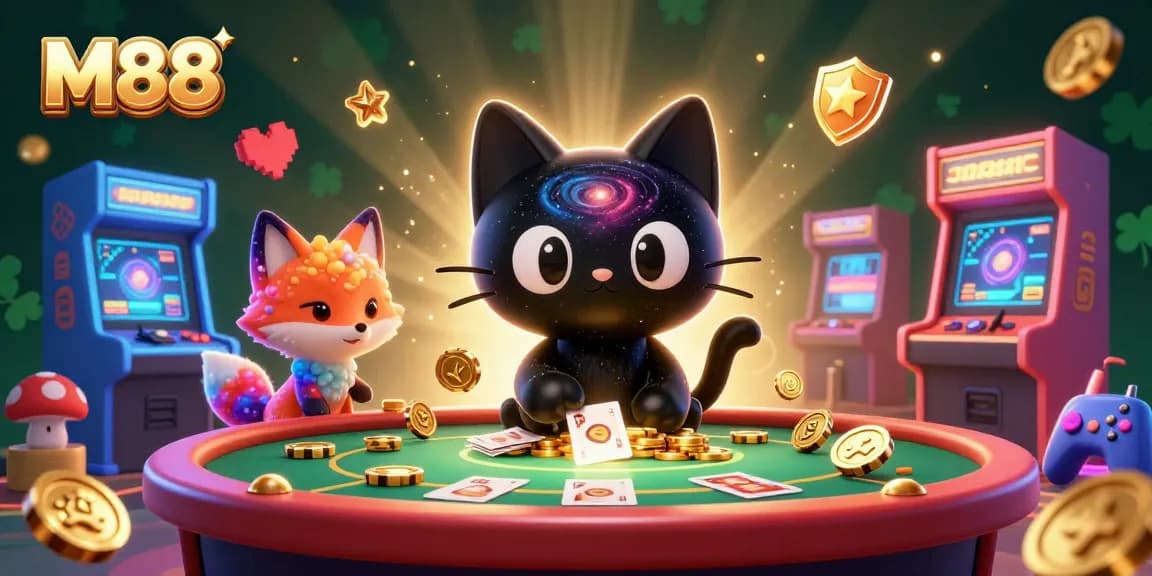 M88 cat pulls in casino chips at a cosmic table surrounded by vibrant game elements.