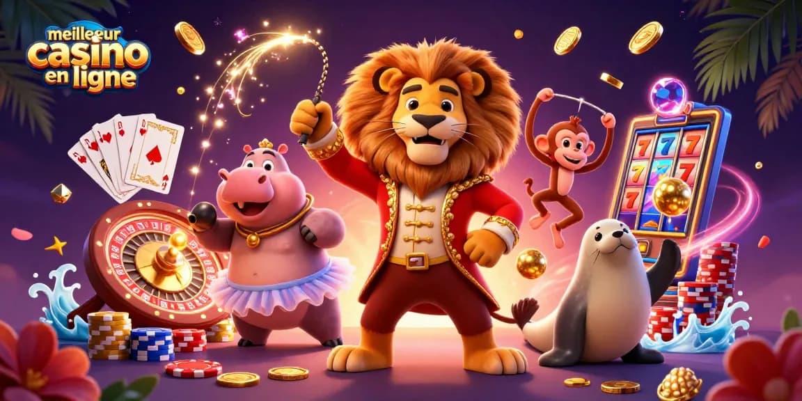 Illustration animée dynamique du meilleur casino en ligne, avec un lion, un hippopotame et un singe interagissant autour de jeux de casino.