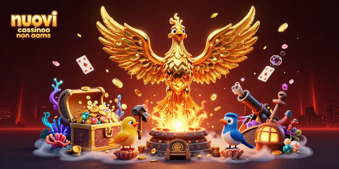 Scopri i nuovi casino non AAMS con un'illustrazione 3D che unisce elementi di gioco e simboli fortunati.