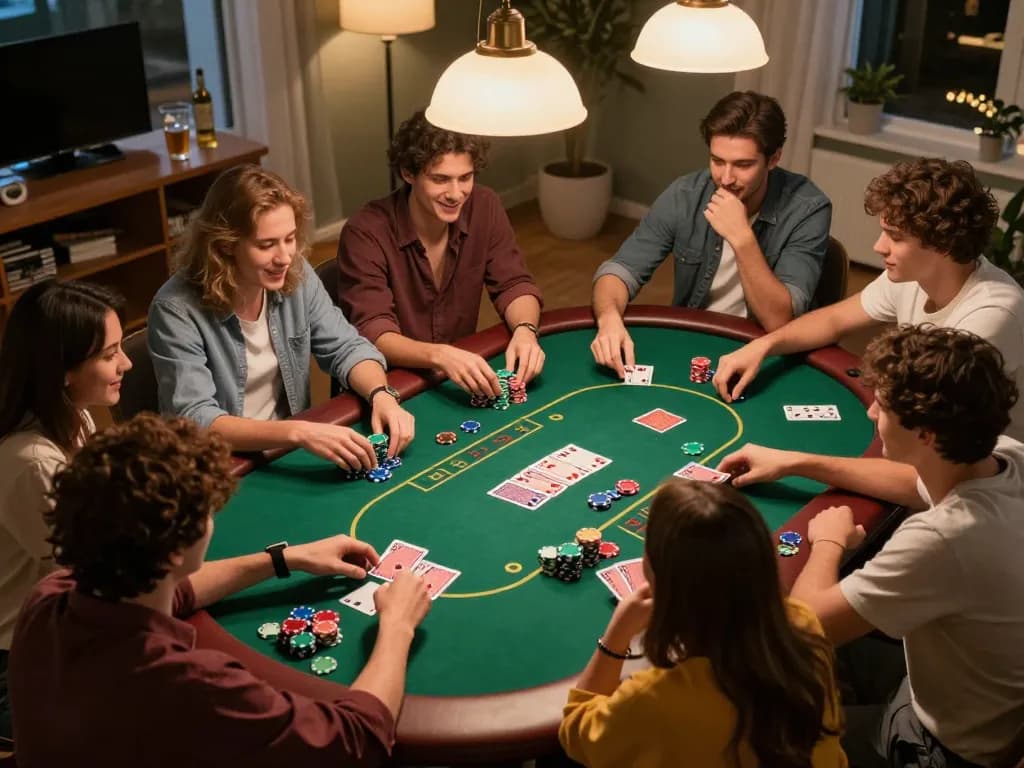 Friends enjoying a friendly poker night at home, showcasing engaging gameplay and colorful chips in a lively atmosphere, highlighting สล็อตวอเลท gaming experience.