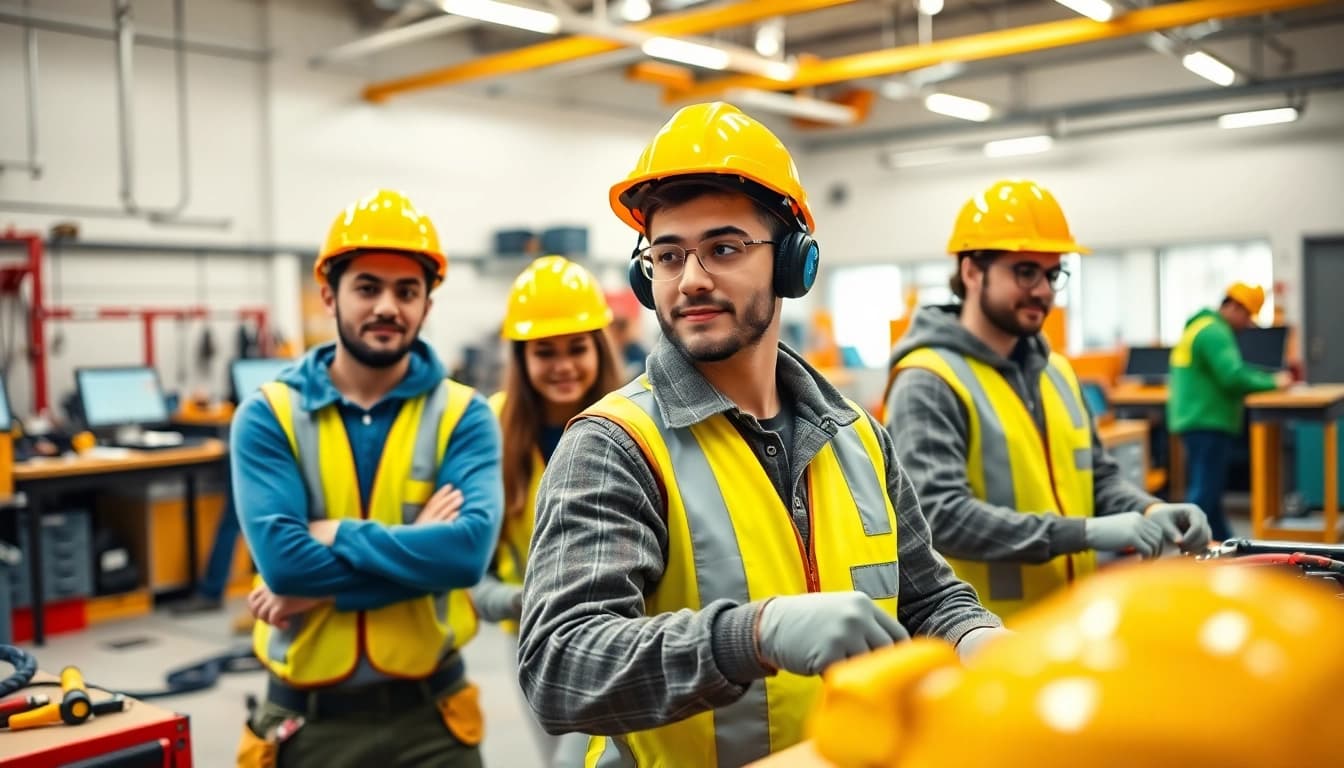 Students at construction trade schools in texas participate in hands-on training at a well-equipped workshop.