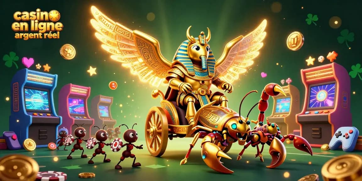 Jeu de casino en ligne argent réel illustré par un scarabée doré colossal en armure pharaonique dans une scène riche en détails.