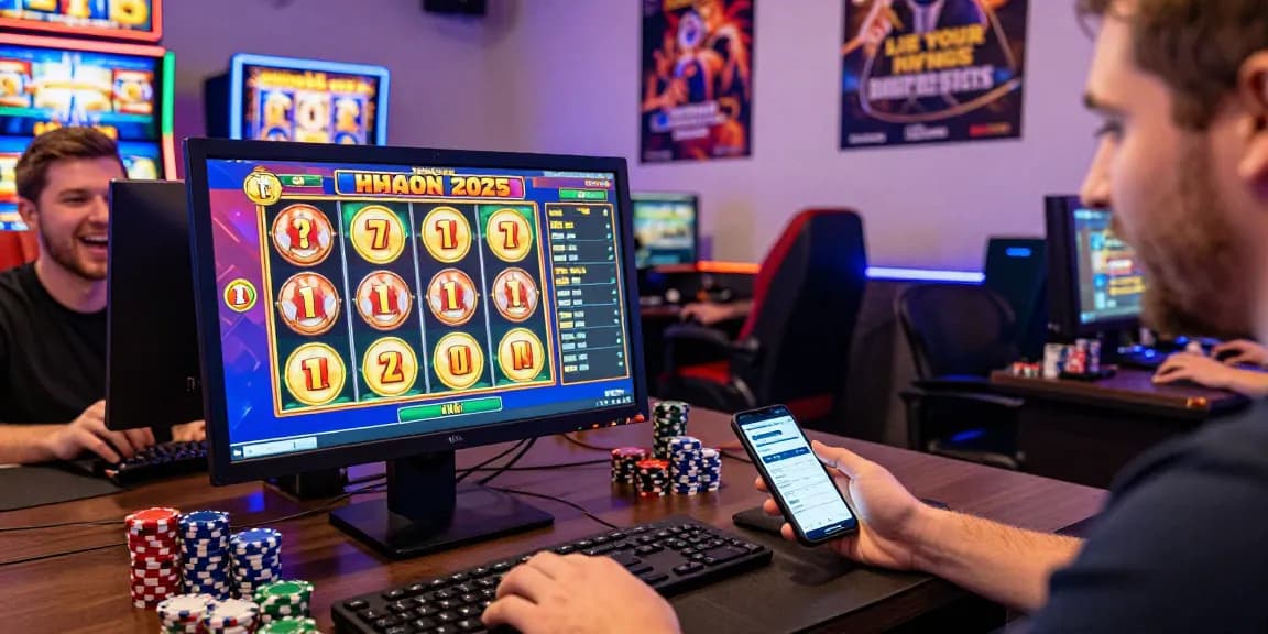 Exciting online slot gaming scene with players enjoying colorful slot machines on desktop and mobile devices while celebrating wins.