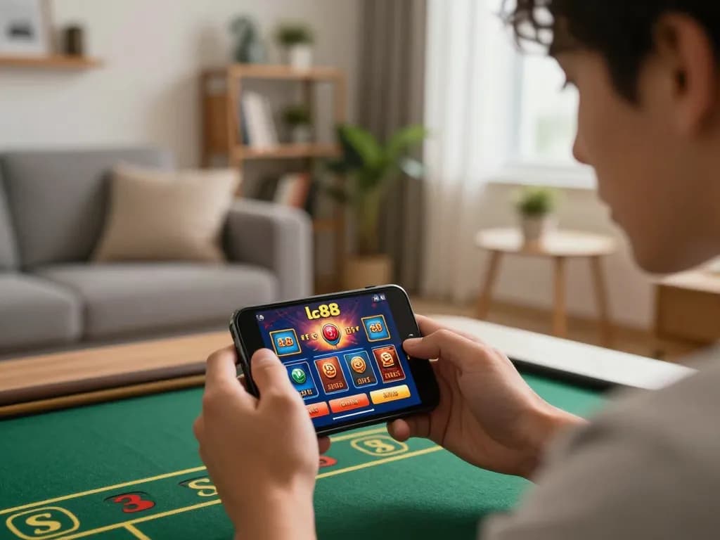 Player strategizing while using the lc88 mobile app for online casino games in a cozy home setting.