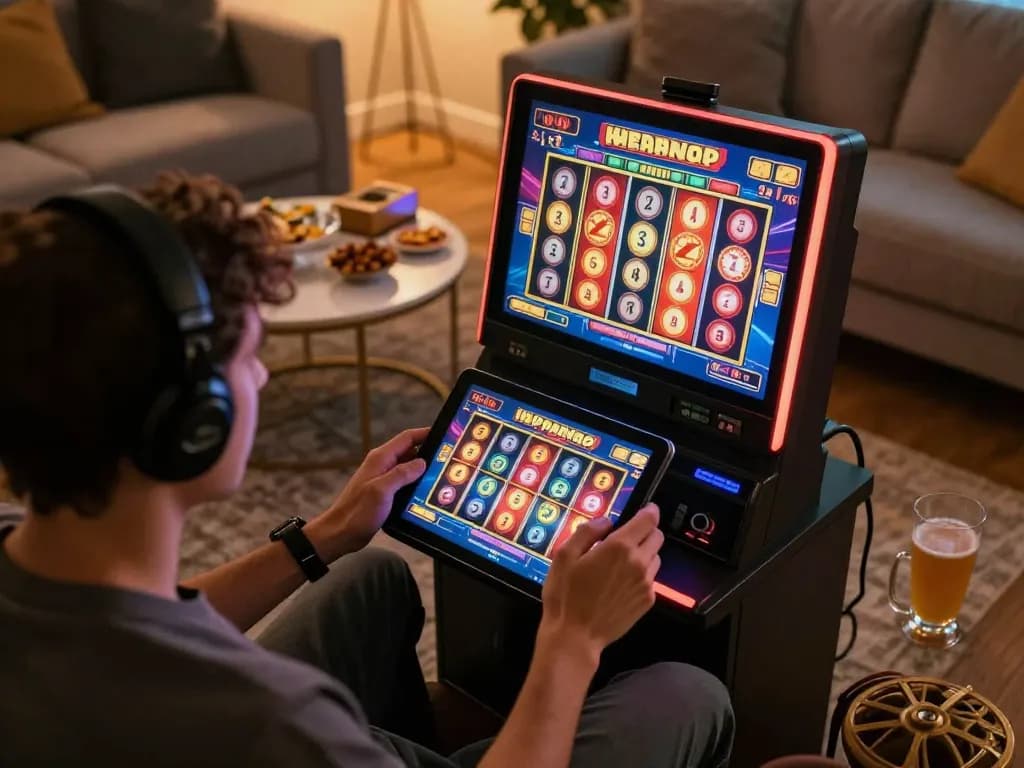 Player enjoying a slot game on a tablet in a cozy home setting, showcasing modern online gambling.