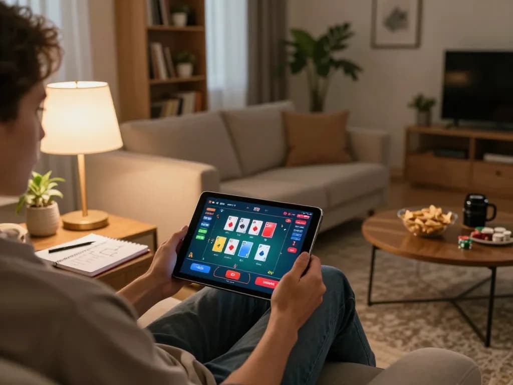 Player engaging with MM88 mobile app for online poker and strategy management in a cozy home setting