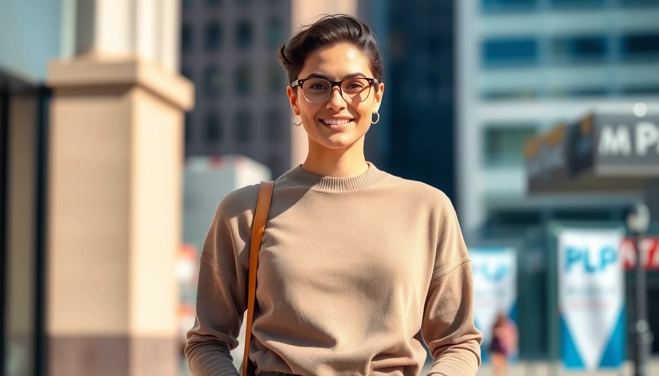 Model showcasing a stylish blank crewneck in a vibrant urban setting.