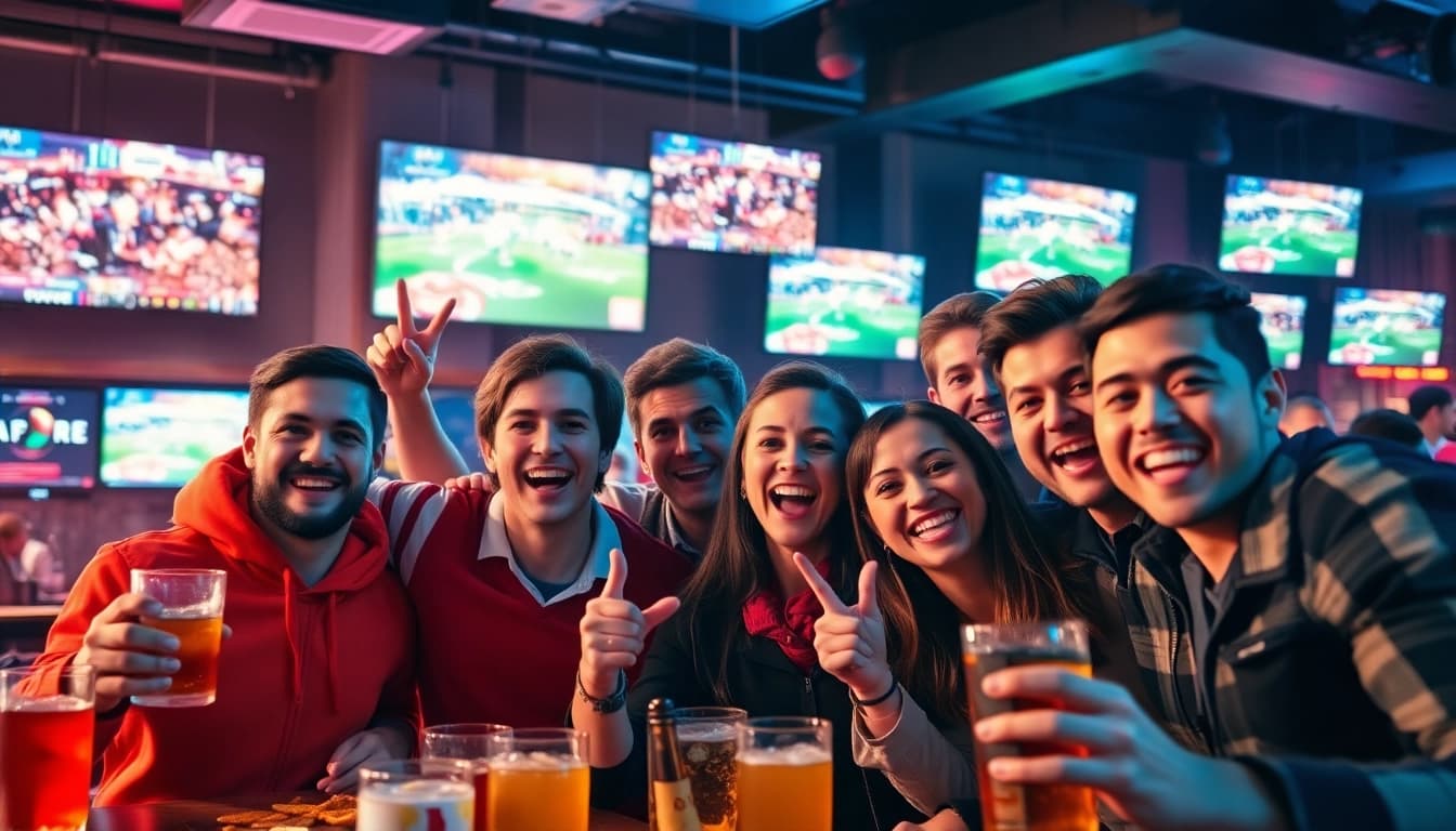 Engaged group celebrating Canada sports betting with excitement in a vibrant sports bar setting.